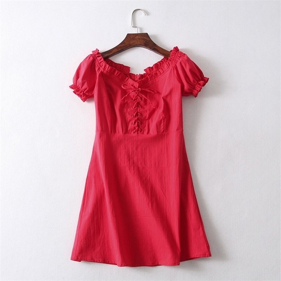NEW Klara Lace Up Mini Cotton Linen Red Sun Dress - Picture 4 of 7